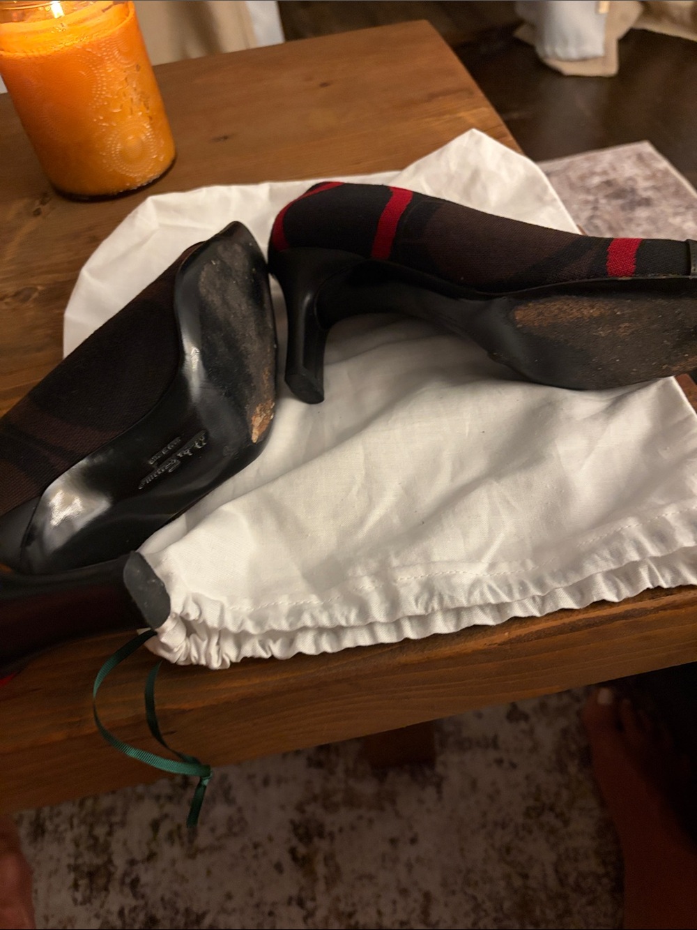 Salvatore Ferragamo Black and Red Canvas Leather Cap-Toe Pumps - Picture 4 of 4